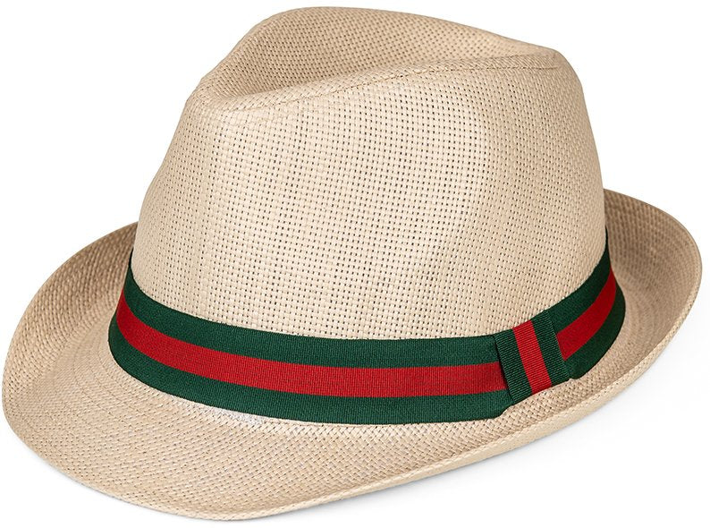 Mens straw trilby with stripe band