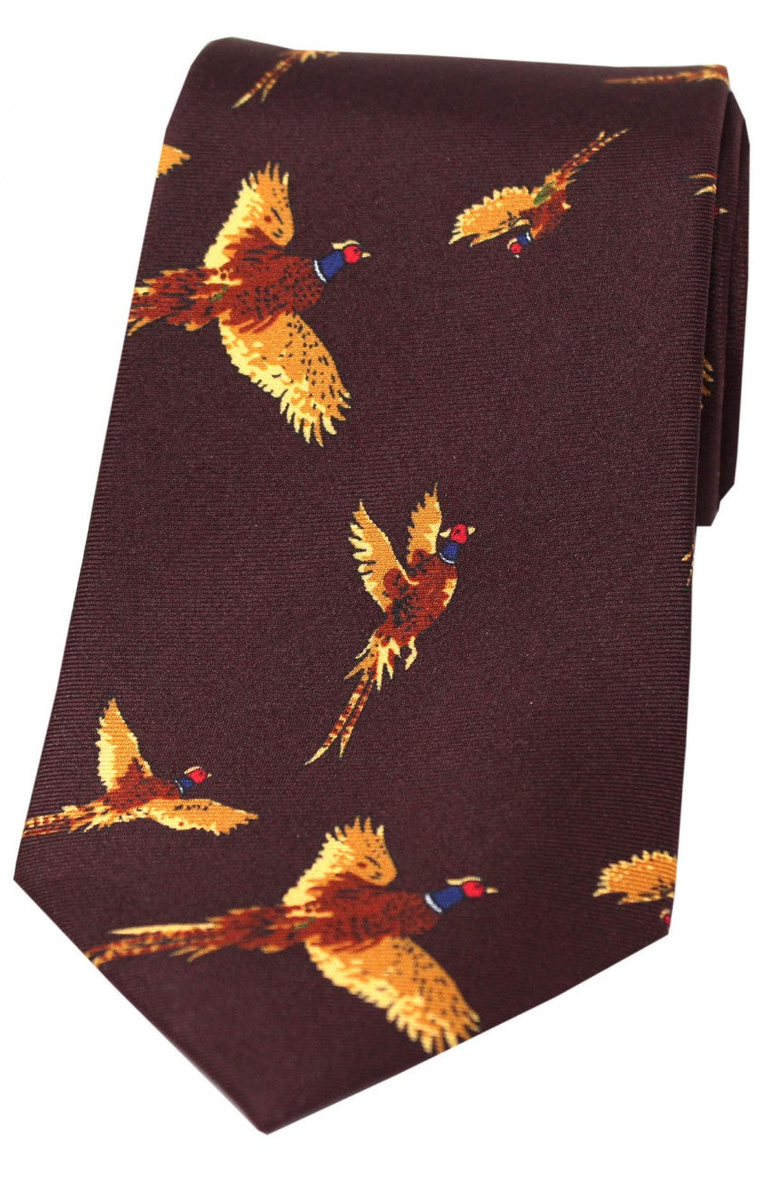 Country Flying Pheasants on Burgundy  Tie