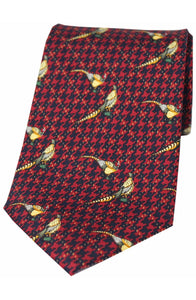 Country Pheasants on Wine Tweed Silk Tie