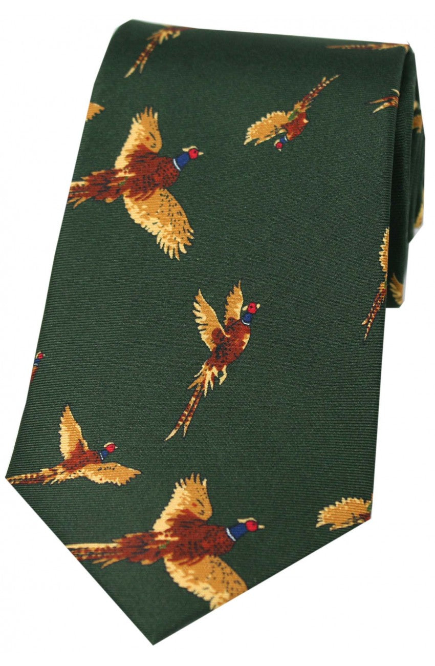 Country Flying Pheasants Green Silk Tie