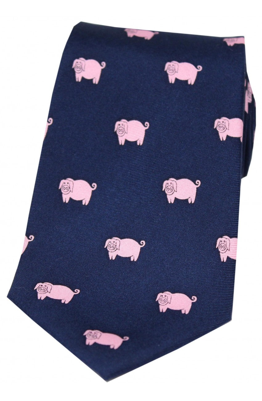 Country Pink Pigs on Navy Silk Tie