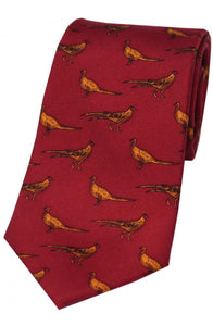 Country Standing Pheasants on Red Silk Tie