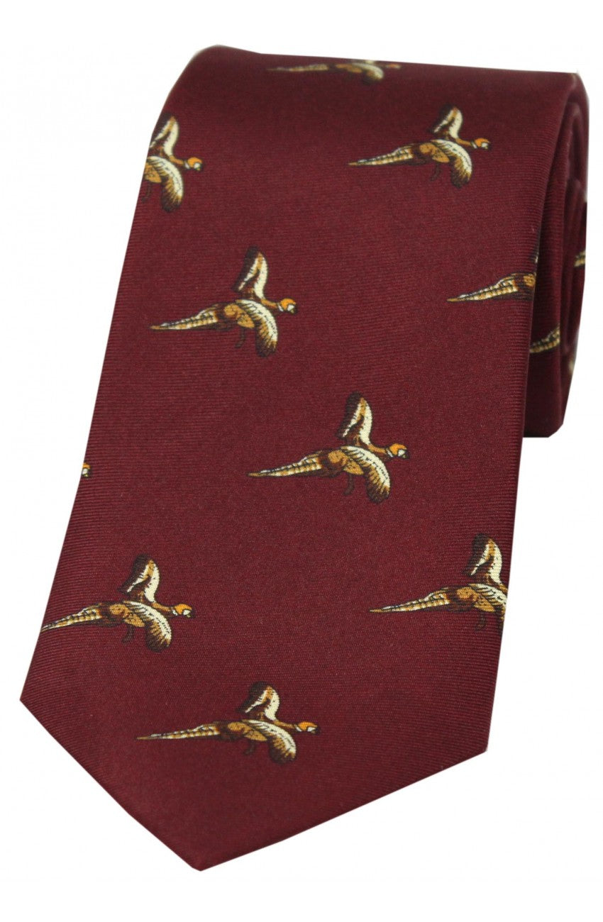 Country Flying Pheasant Wine Silk  Tie