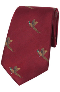 Country Flying Pheasants on Wine Silk Tie