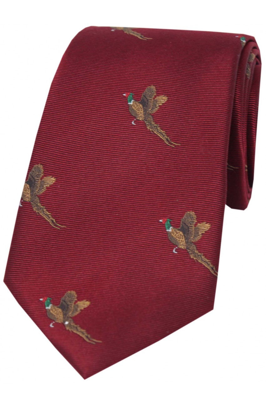 Country Flying Pheasants on Wine Silk Tie