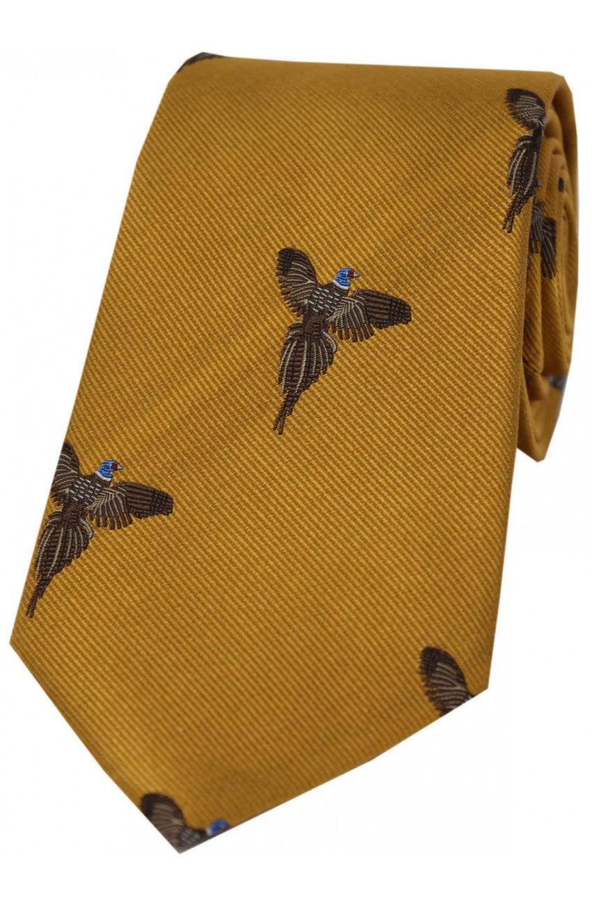 Country Flying Pheasants Gold Silk  Tie